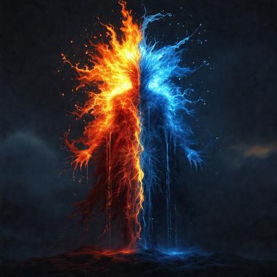 The primary subject of the image is a tall, colorful tree with a blue and red trunk. The tree is located in a dark, cloudy environment, which adds to the overall mood of the scene. The visual style of the image is a combination of photo and digital art, creating a unique and captivating representation of the tree. The dominant colors in the image are blue and red, which are displayed prominently in the tree's trunk, adding a striking contrast to the dark background.